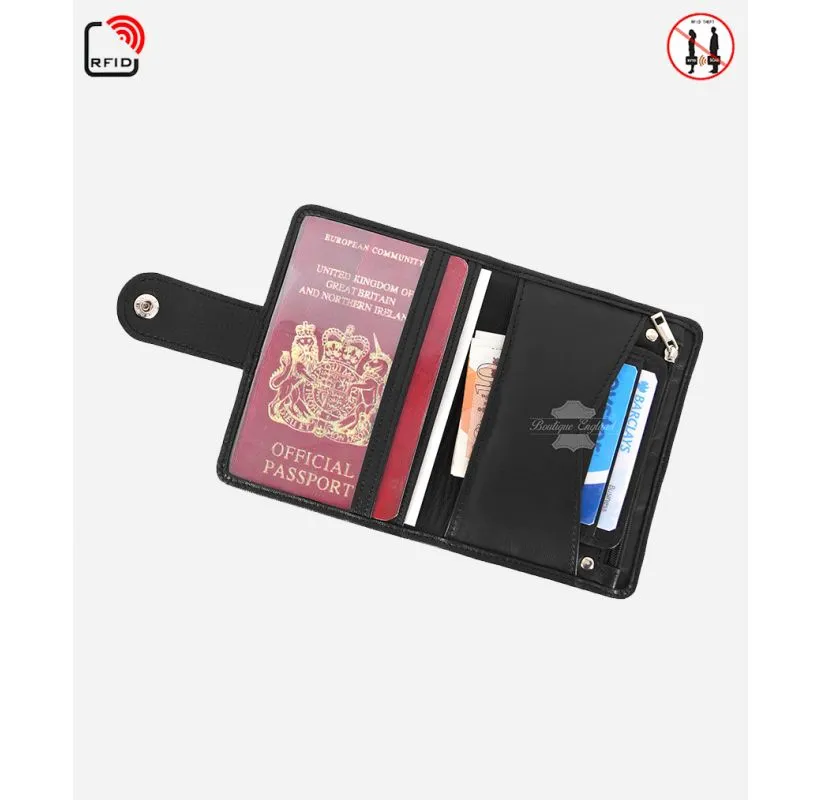 Black Leather Passport Holder Bifold Credit Card Money Holder RFID protected