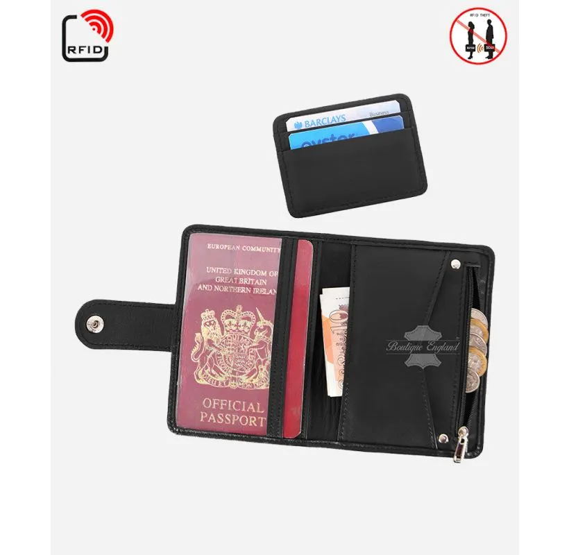 Black Leather Passport Holder Bifold Credit Card Money Holder RFID protected