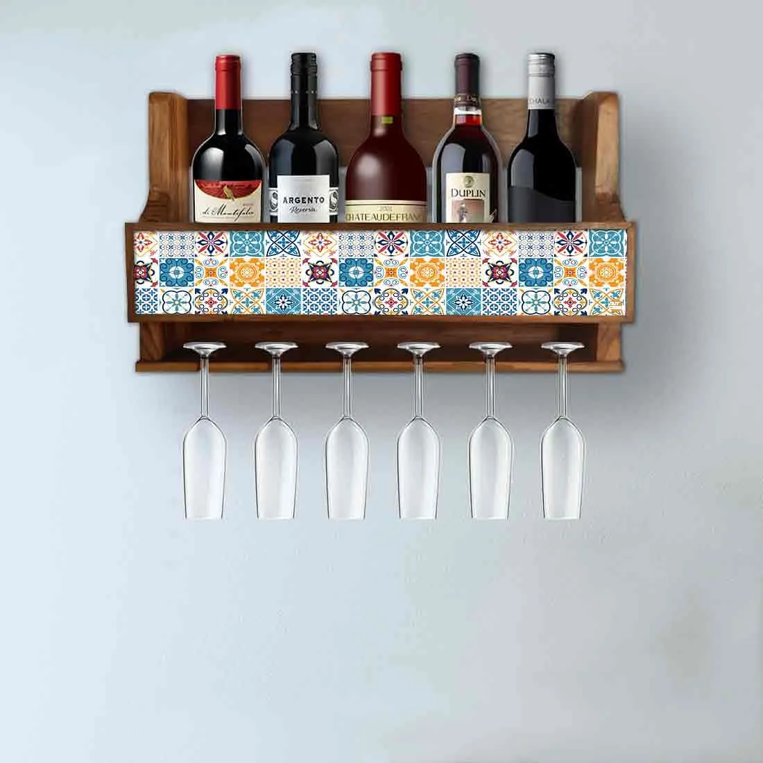 Designer Wooden Wall Mounted Wine Glass Rack Holder for 5 Bottles 6 Glasses - Spanish